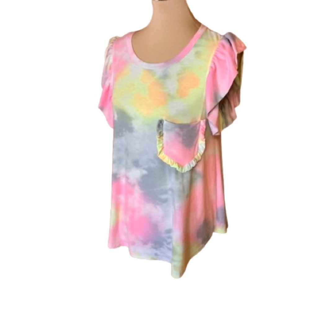 Feminine Pastel Tie Dye Top Heimish USA Ruffle Sleeve Pocket Top - Picture 2 of 9